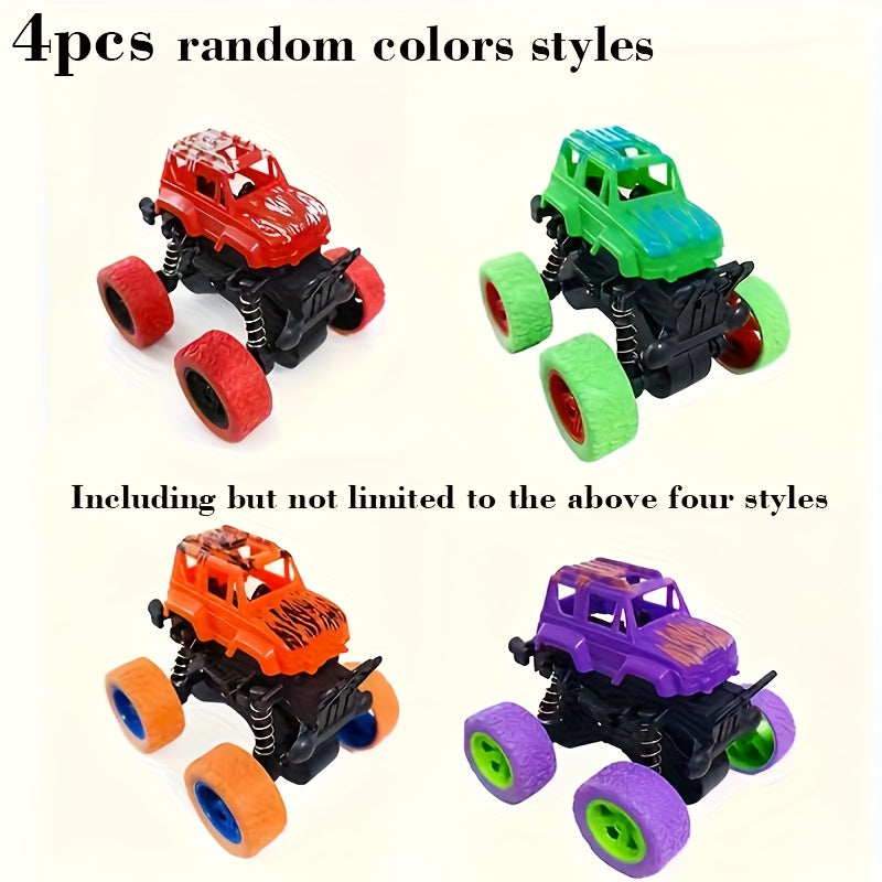 4pcs Friction-Powered Monster Trucks for Toddlers & Kids Ages 3+ - Push & Go Pull Back Inertia Cars with 360° Rotation, Double-Direction Drive, Durable Mini Vehicle Toy Set, Birthday Gift, Random Color