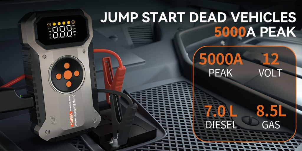 4000A Car Jump Starter with Air Compressor & Tire Inflator – All-in-One Portable Battery Booster for Gas & Diesel Engines, LED Light USB Power Bank Digital Display, Compact Emergency Car Starter