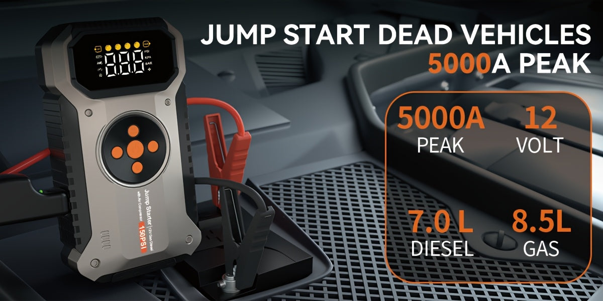4000A Car Jump Starter with Air Compressor & Tire Inflator – All-in-One Portable Battery Booster for Gas & Diesel Engines, LED Light USB Power Bank Digital Display, Compact Emergency Car Starter