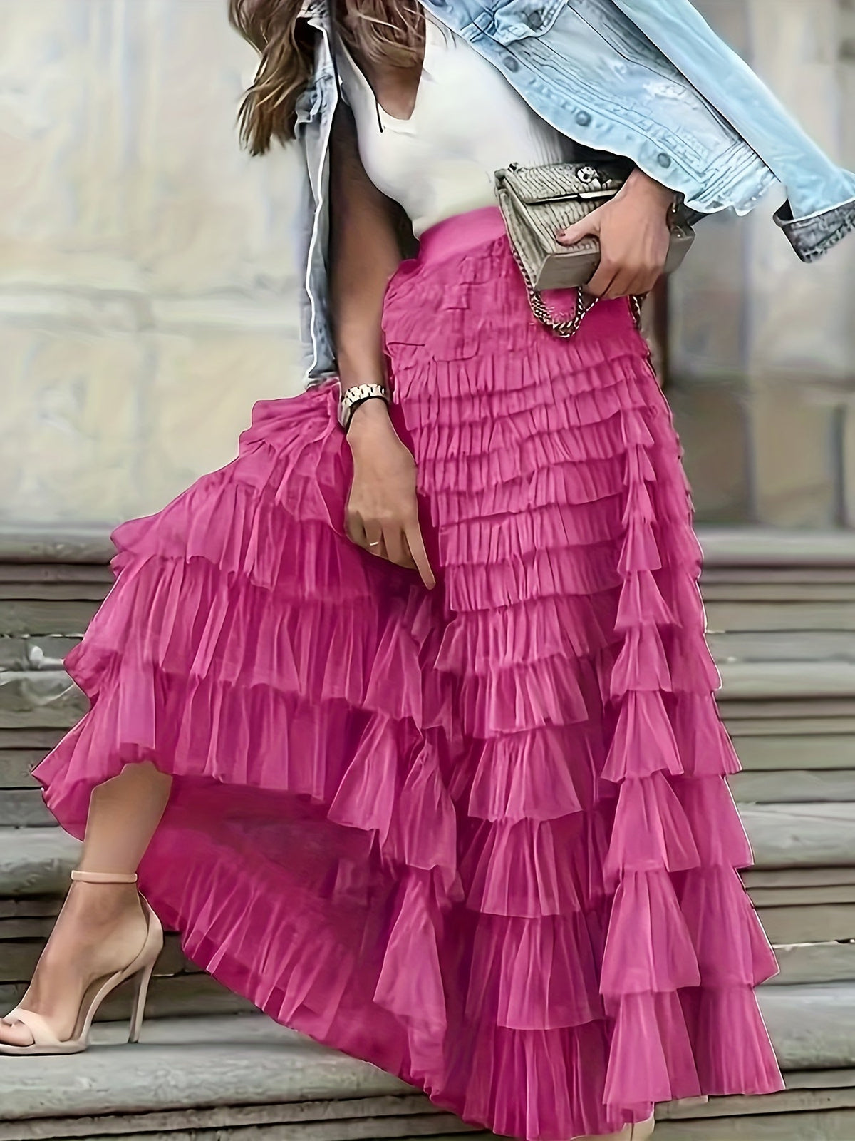 Women's Elegant Mesh Long Cake Skirt – A-Line Flared Hem Contrast Mesh Elastic Waist Maxi Skirt for Fall, Winter & Formal Occasions