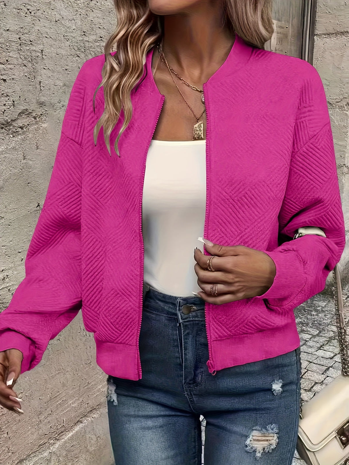 Women's Baseball Collar Zipper Jacket - Solid Color Casual Outerwear | Rib-Knit Polyester Lined Sporty Coat Fall Spring Fashion New Arrival