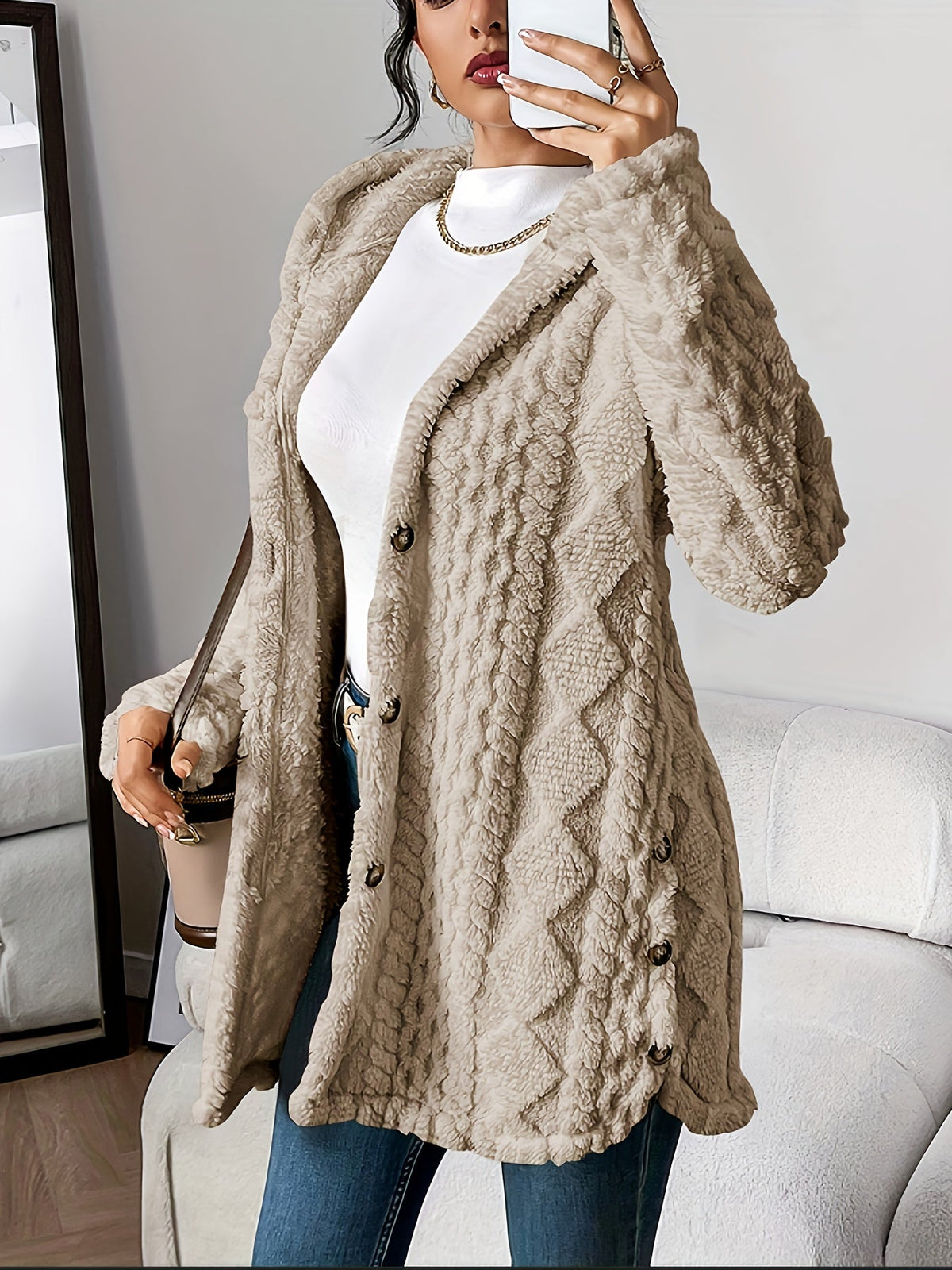 Women's Jacquard Plush Hooded Cardigan Coat – Warm Fuzzy Open Front Sweater Jacket for Autumn Winter