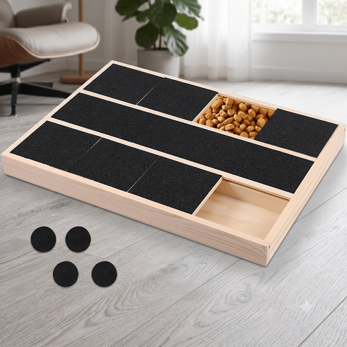 2-in-1 Wooden Dog & Cat Puzzle Feeder with Nail Filing Board – 6-Compartment Interactive Slow Feed Treat Dispenser & Scratch Pad for Small & Medium Pets, Behavior Enrichment & Mental Stimulation Toy