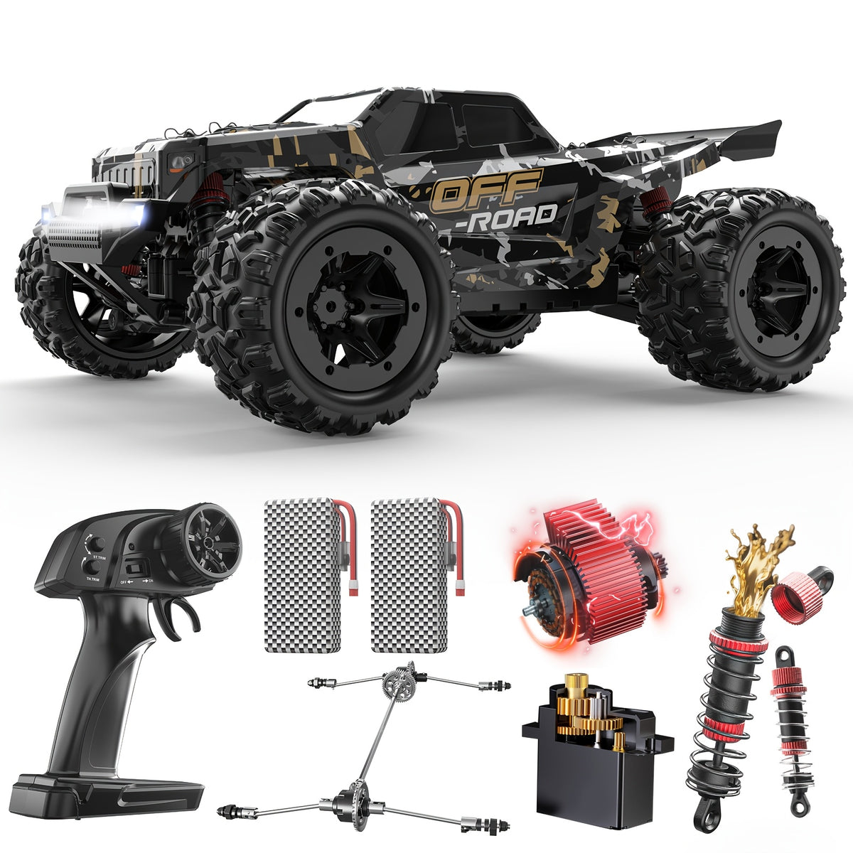 RC Monster Truck 1:16 Scale 42KM/H High Speed 4WD Off-Road Remote Control Car All Metal Drive System Dual 1500mAh Battery LED Headlights Wheelie Bar for Adults Kids