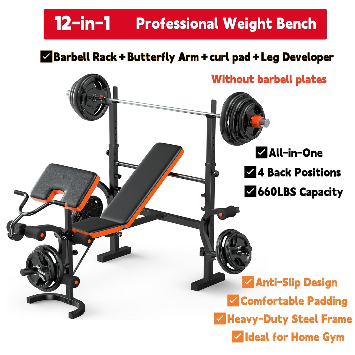 Foldable 6-in-1 Adjustable Weight Bench for Home Gym – 770 LBS Capacity, Flat Incline Decline, Resistance Bands, Preacher Curl Pad & Leg Developer, Full Body Strength Training Equipment