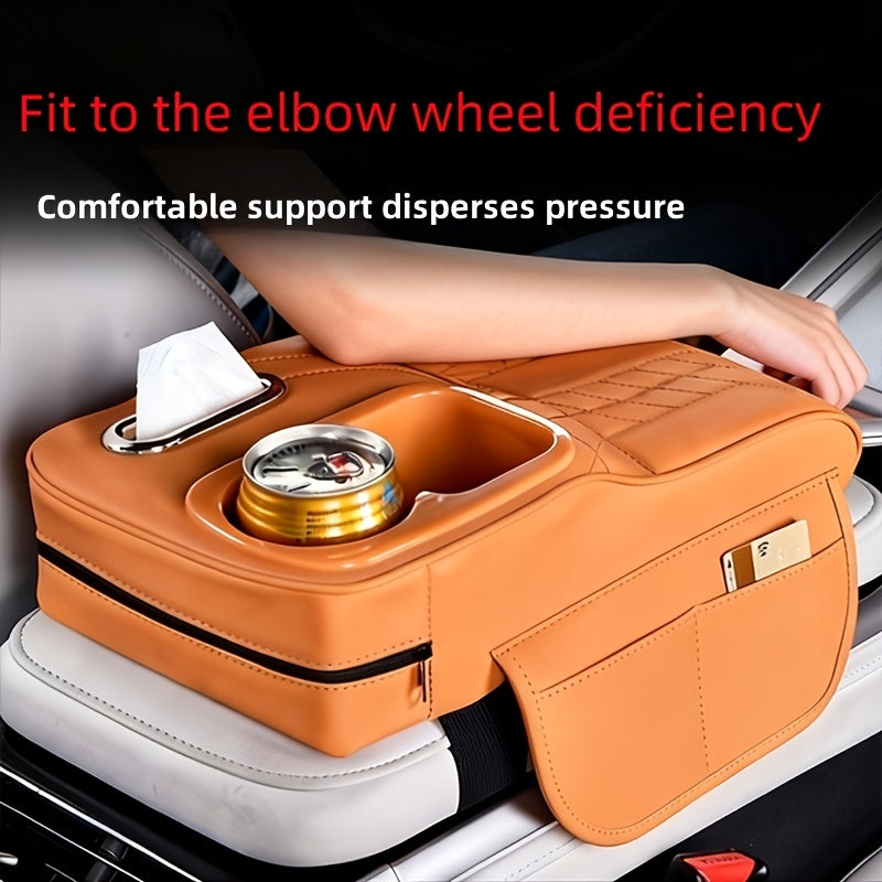 Car Center Console Armrest Pad Height Extender with Tissue Box and Cup Holder Storage Organizer Black Beige Orange Red Brown for Most Cars SUVs