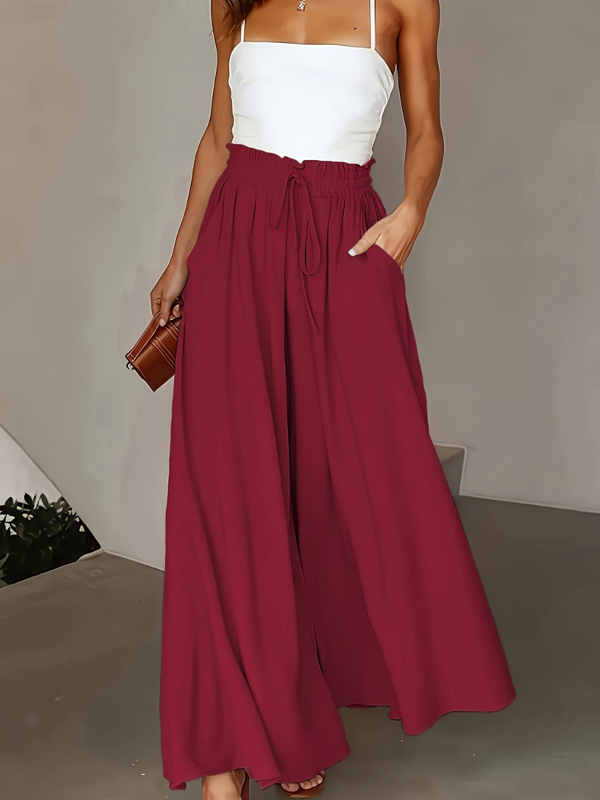 Women's High-Waist Wide-Leg Pants – Elegant Loose Fit Solid Color Flowy Trousers with Pockets for Spring Summer Office Casual