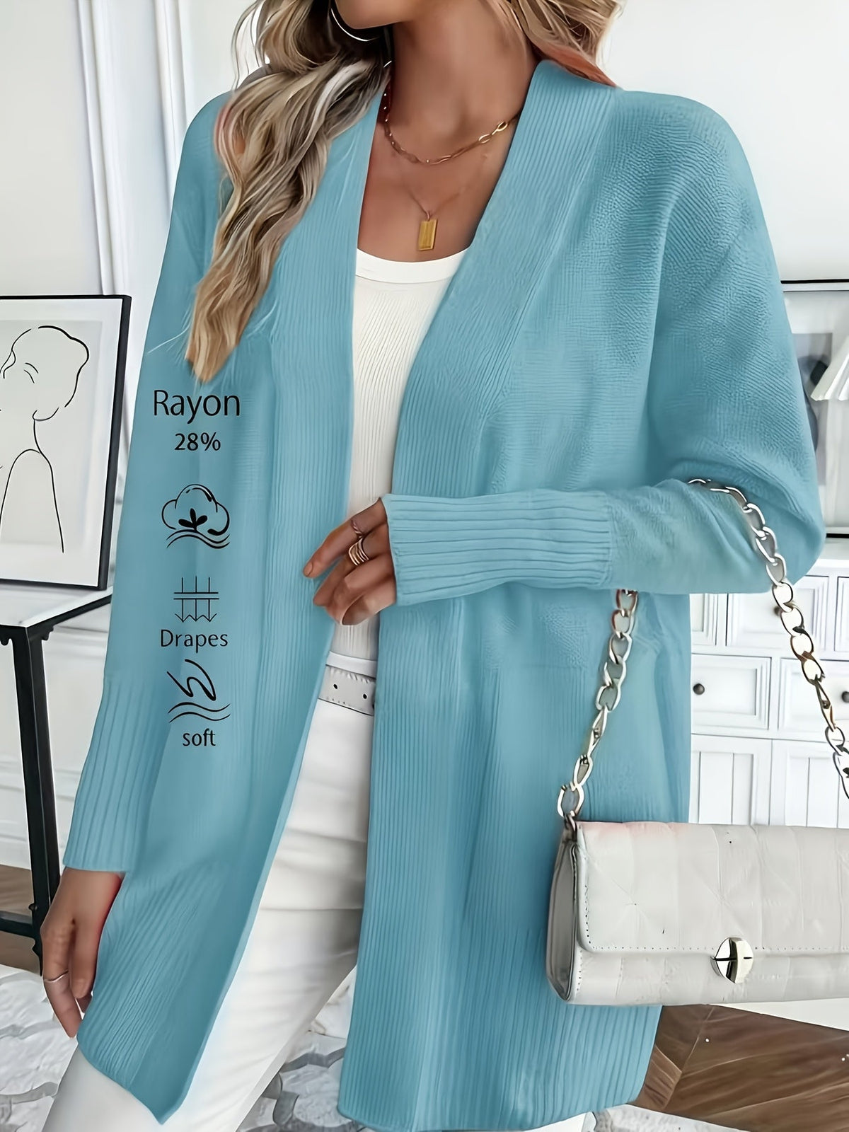 Women's V-Neck Drop Shoulder Long Cardigan Sweater – Loose Fit Soft Knit in 16 Colors for Autumn & Winter, 46% Acrylic 28% Viscose 26% Nylon