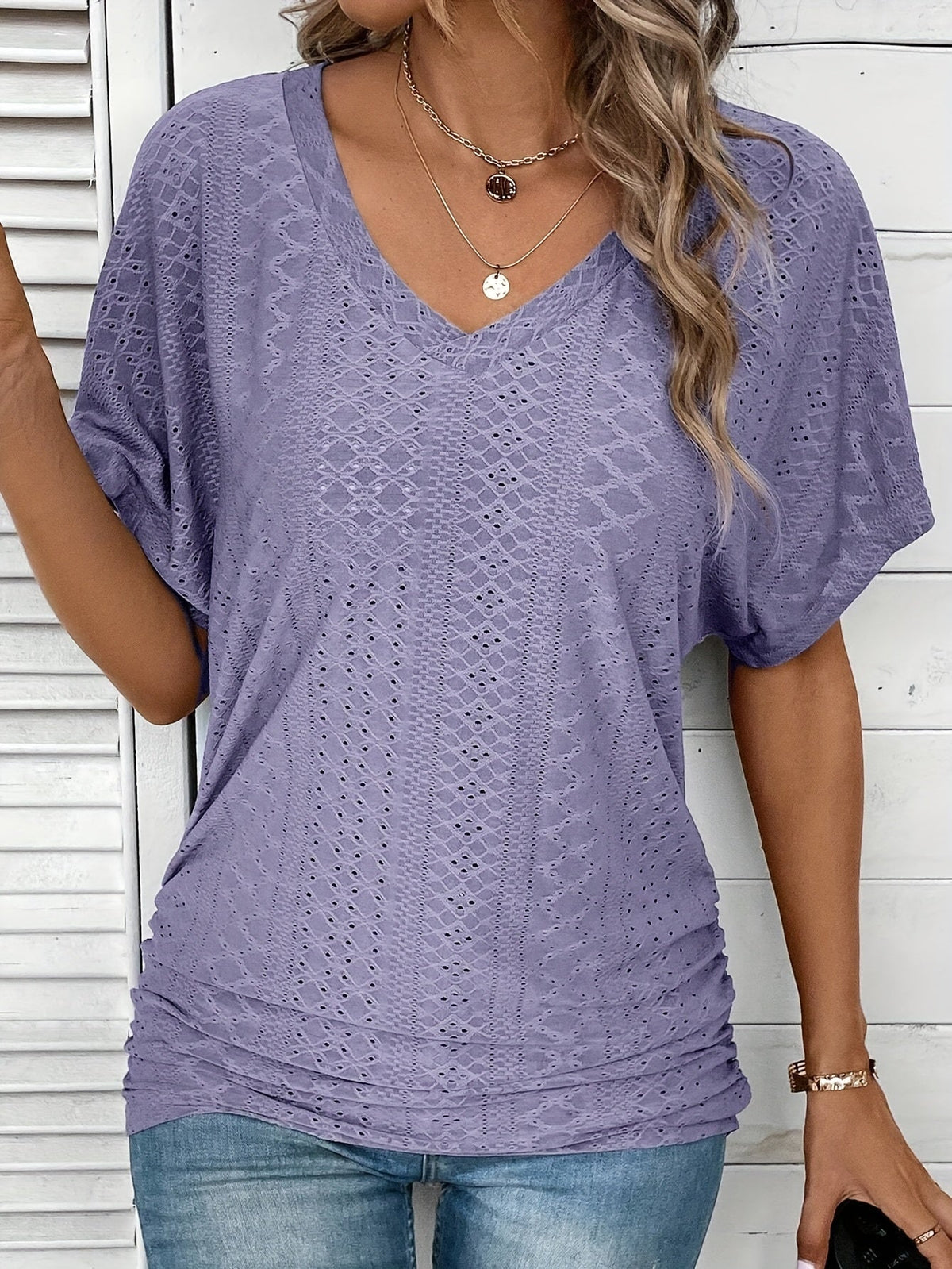 Women's V-Neck Ruffle Short Sleeve Top Casual Summer Blouse Solid Color Micro Stretch Knit Dark Cyan Black Pink Yellow Purple Red Rose Red S-XXL
