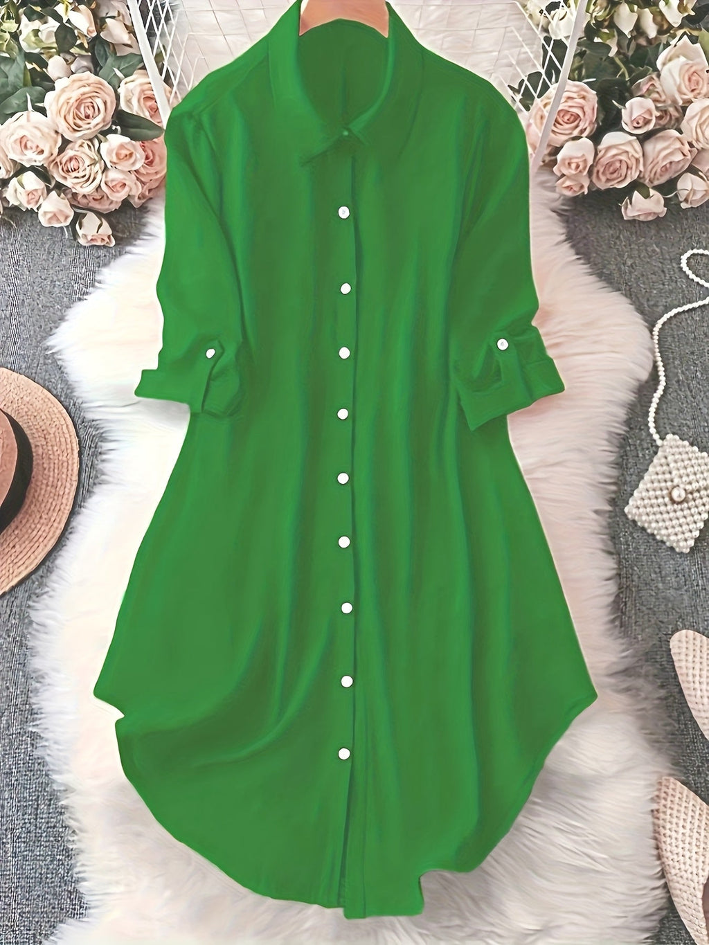 Women's Casual Lapel Shirt Solid Color Mid-sleeve Blouse All Season Versatile Loose Fit Button Down Top for Women