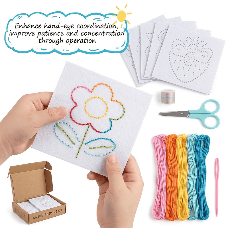 Kids Beginner Sewing Kit 27 Piece Felt Craft Set with Plastic Needles Thread Sewing Board Multi-Style Combinations Entry Level DIY Craft Activity Fine Motor Skills Gift for Girls Boys Ages 3 and Up
