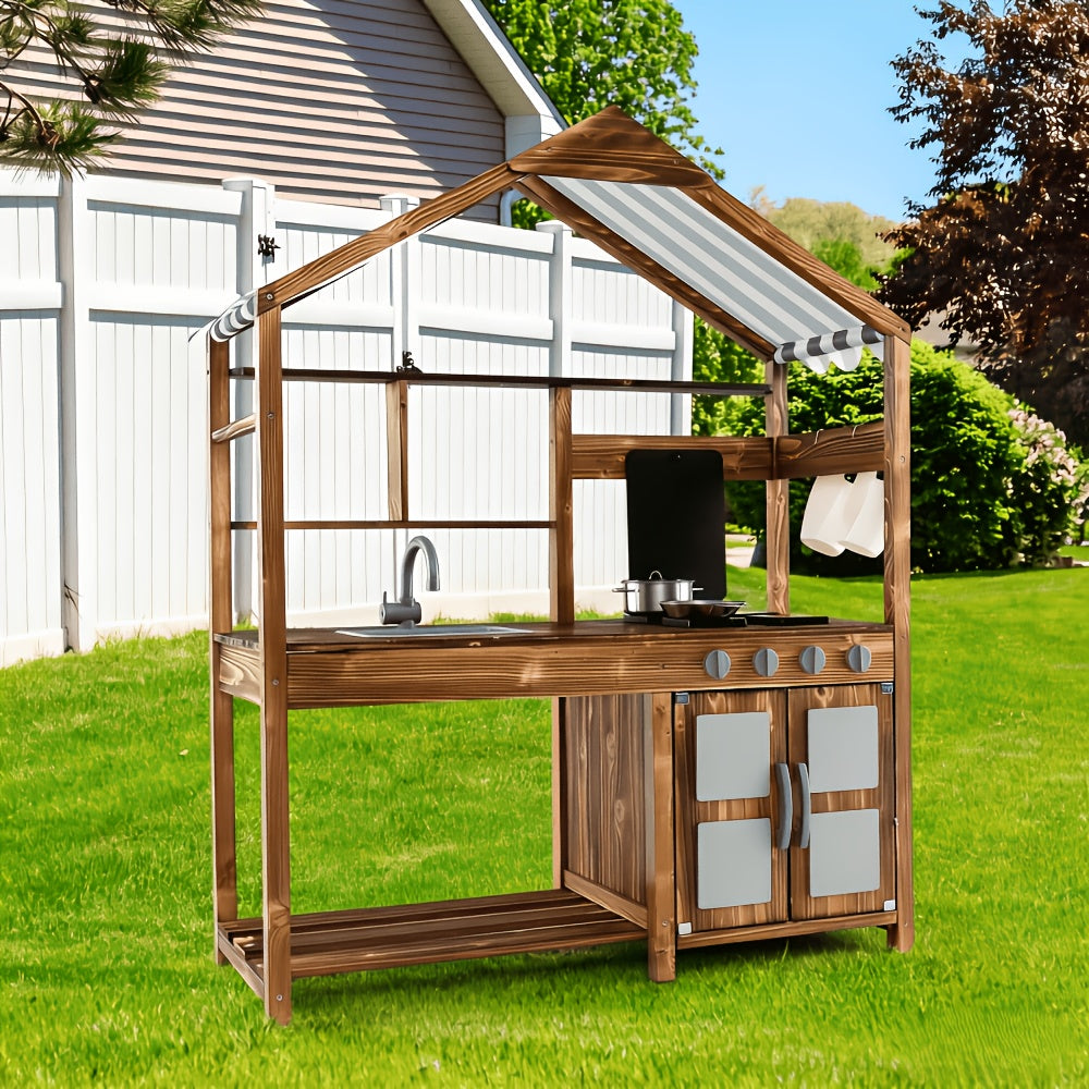 Mud Kitchen for Kids 3-7, Outdoor Solid Wood Play Kitchen with Canopy, Rotatable Faucet & Removable Sink, Realistic Stoves & Knobs, Chalkboard, Ample Storage – Natural Wood Backyard Pretend Cooking Set