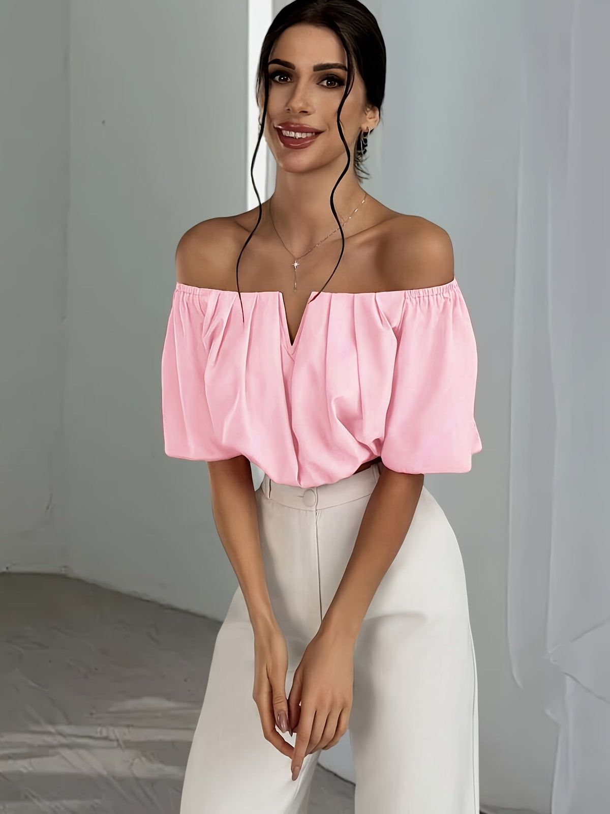Off Shoulder V-Neck Blouse Women Short Sleeve Solid Color Sexy Summer Top | Vacation Party Casual Wear Multiple Colors XS-L