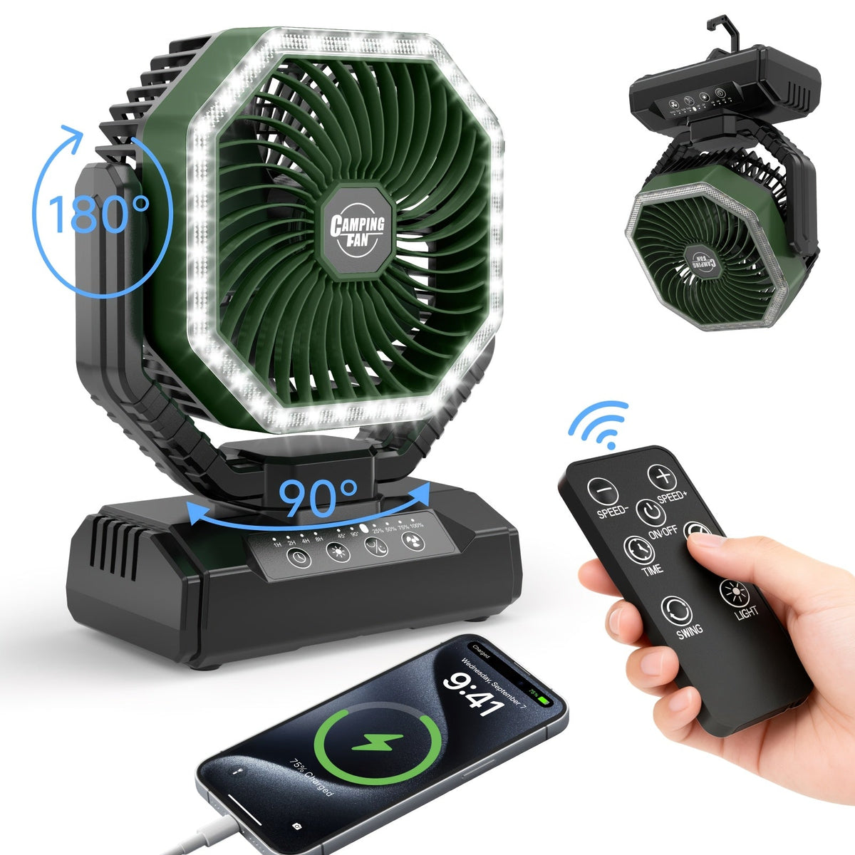 20000mAh Camping Fan with LED Light – 4 Wind Speeds, Brushless Motor, 180° Oscillation, 22-26H Battery Life, 3-in-1 Portable Outdoor Desk Fan for Camping, Hiking, Picnic & Emergency Use – 6 Colors