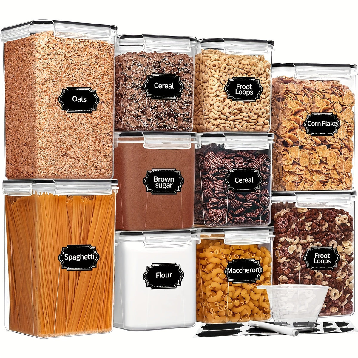 Airtight Food Storage Containers with Lids 10 Pack Set – BPA Free Cereal & Pantry Organizer for Flour Sugar Rice, Includes Measuring Cup, Labels & Marker