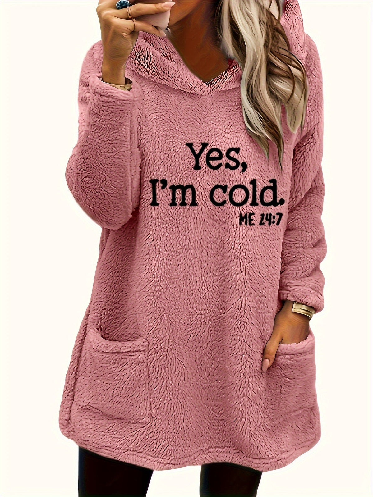 Women's "Yes I'm Cold" Teddy Bear Graphic Hooded Sweatshirt – Cozy Fleece-Lined Pullover Hoodie Double Pocket Long Sleeve 100% Polyester Fall Winter Casual Top