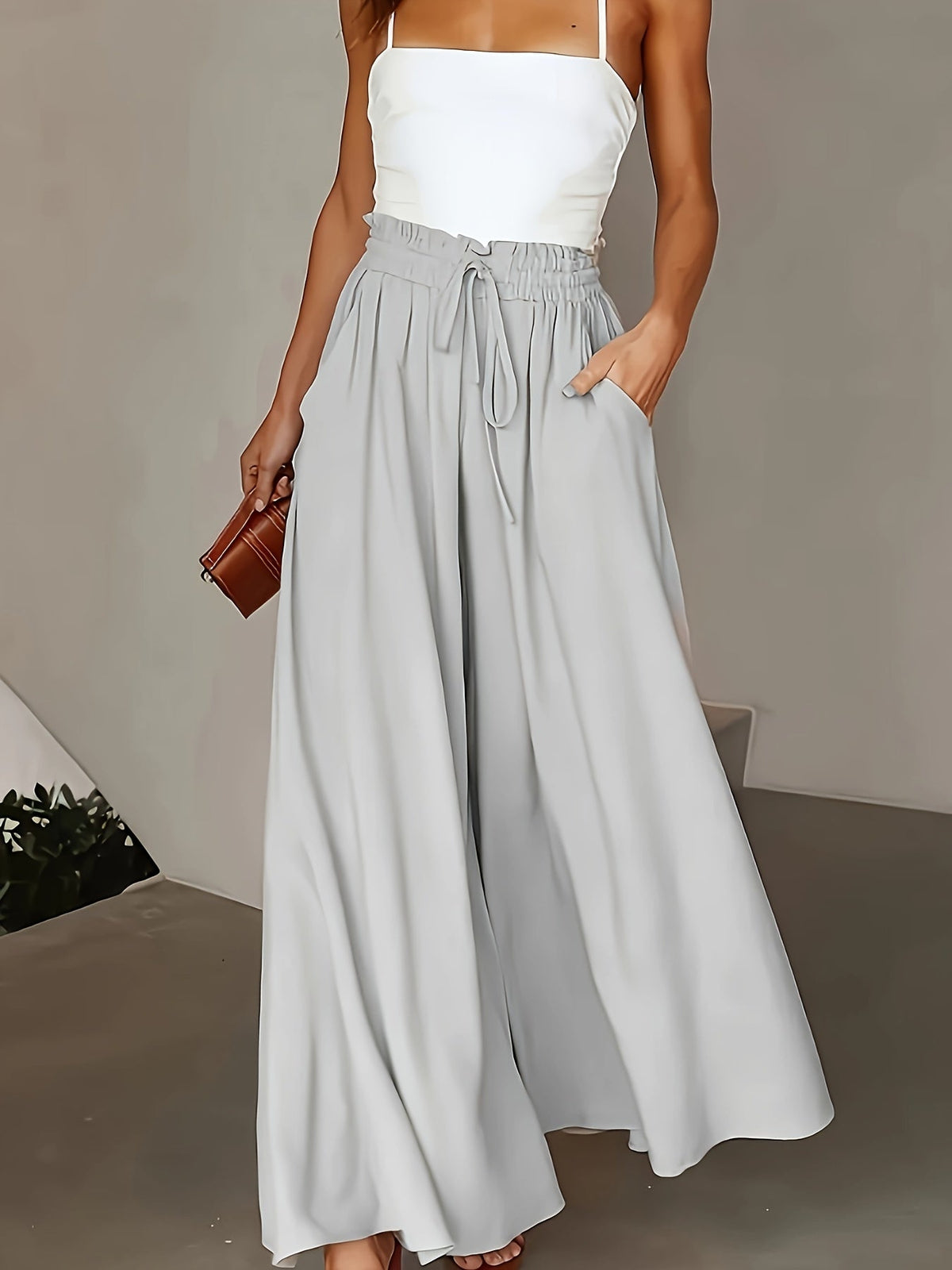 Women's High-Waist Wide-Leg Pants – Elegant Loose Fit Solid Color Flowy Trousers with Pockets for Spring Summer Office Casual