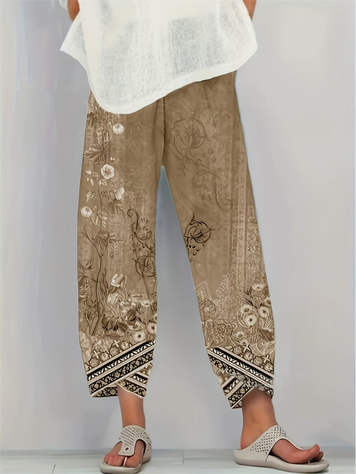 Vintage Floral Capri Pants with Elastic Waist & Pockets | Women's Retro Smocked Cropped Trousers | Casual Comfortable Boho Bottoms for Spring Summer Fall | S-XXL Multiple Colors