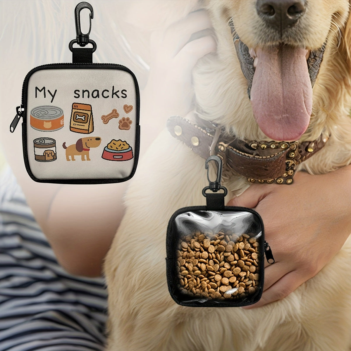 Dog Treat Training Bag with Hook & Zipper – Dog Print Pet Training Pouch with Poop Bag Dispenser, Puppy Obedience Training Walking Bag for Outdoor Use