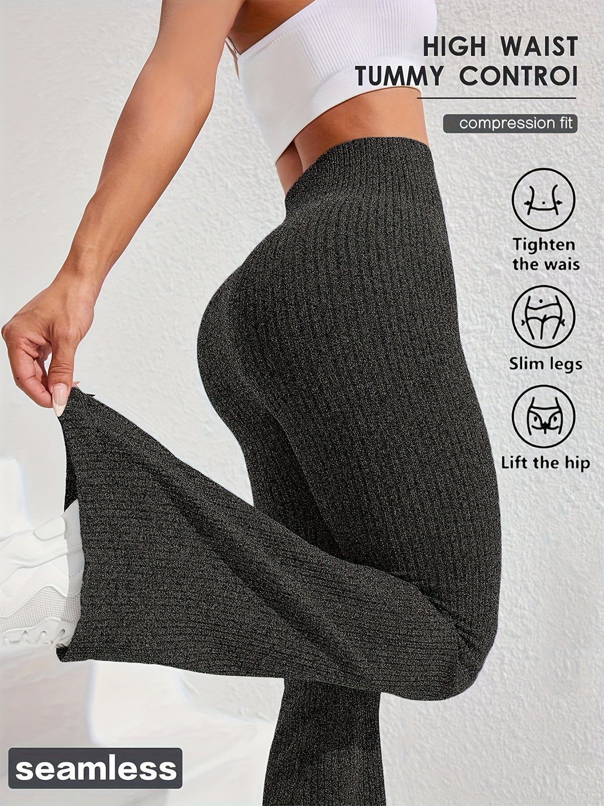 Women's High Waist Tummy Control Slim Flare Pants Textured Wide Ribbed Knit Stretch Yoga Fitness Running Casual Trousers XS-L 4 Colors