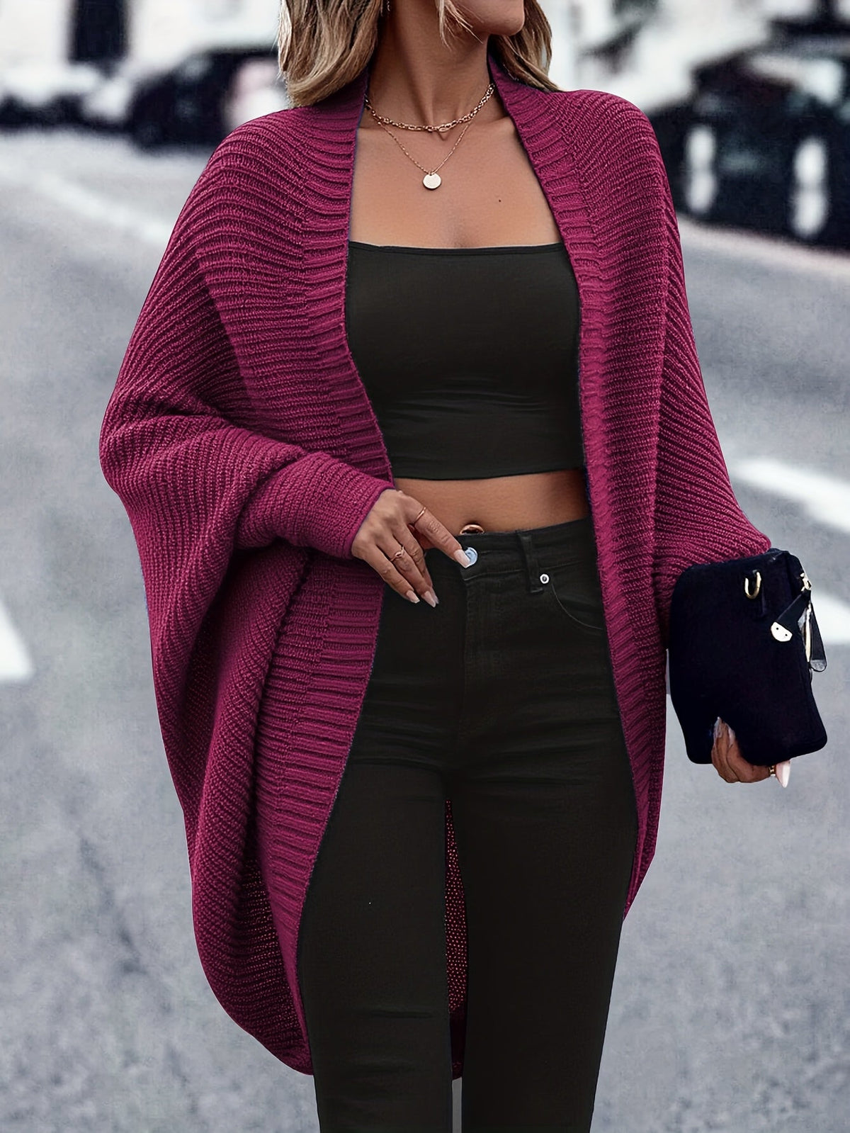 Women's Oversized Open Front Knit Cardigan Coat Long Sleeve Batwing Solid Color Sweater Jacket Fall Winter Casual Elegant Outerwear S-XXL