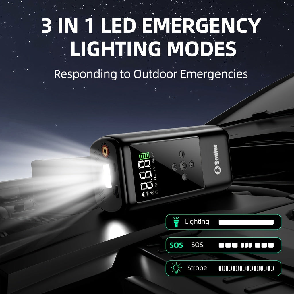 Portable Car Jump Starter 3000A-6000A – 12V Lithium Battery Booster Pack, Dual USB QC 3.0 Fast Charging Power Bank, LED Light & Compass, Fits All Gas Engines