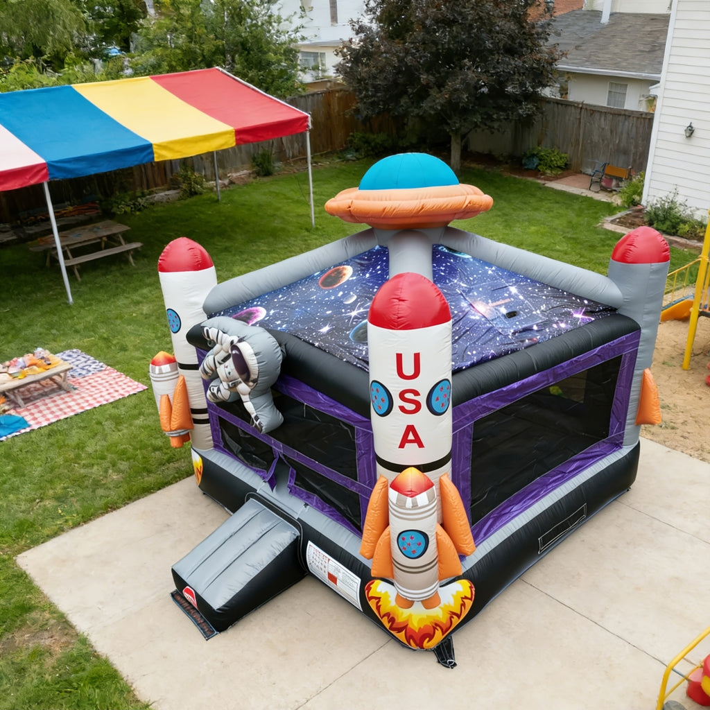 Outer Space Bounce House 16.5ft - Commercial Grade PVC Inflatable Bouncy Castle, Astronaut & Rocket Theme, Starry Sky Roof, Basketball Hoop, 360° Mesh Walls | Backyard Kids Party (With/Without Blower)