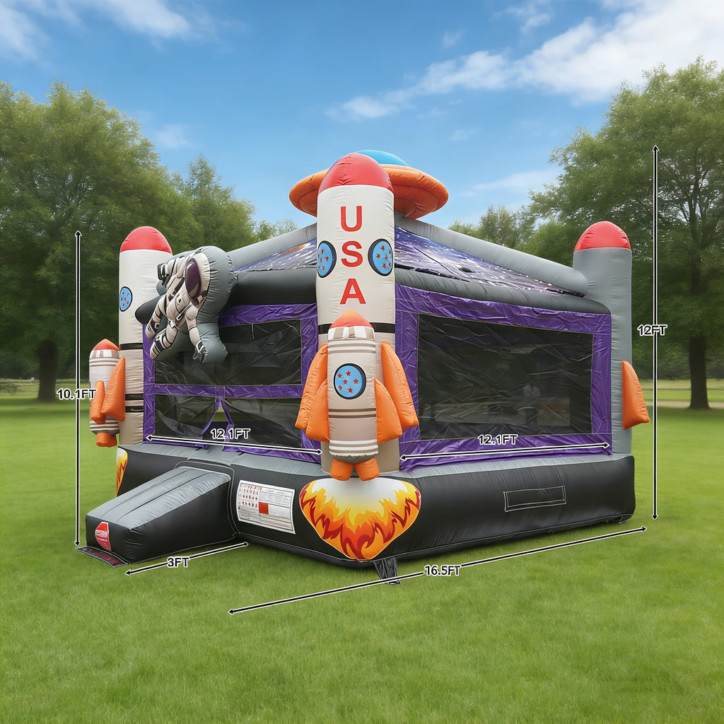 Outer Space Bounce House 16.5ft - Commercial Grade PVC Inflatable Bouncy Castle, Astronaut & Rocket Theme, Starry Sky Roof, Basketball Hoop, 360° Mesh Walls | Backyard Kids Party (With/Without Blower)