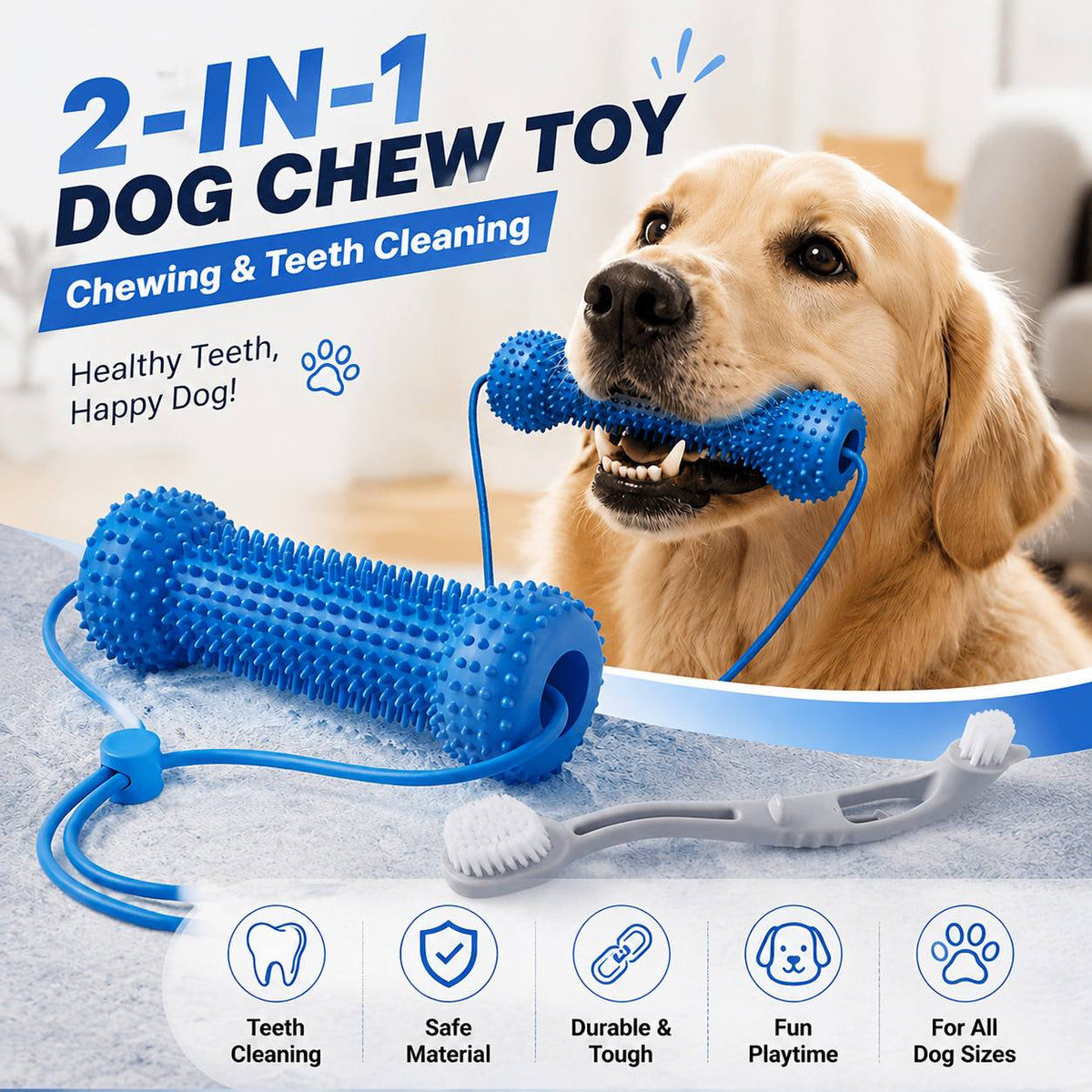 Dog Teething Chew Stick and Teeth Cleaning Brush Set 2 Pack - Durable Chewable Dog Toothbrush with Mouth-Open Strap for Easy Brushing, Dual-Purpose Dental Care Toy for Dogs, Random Color