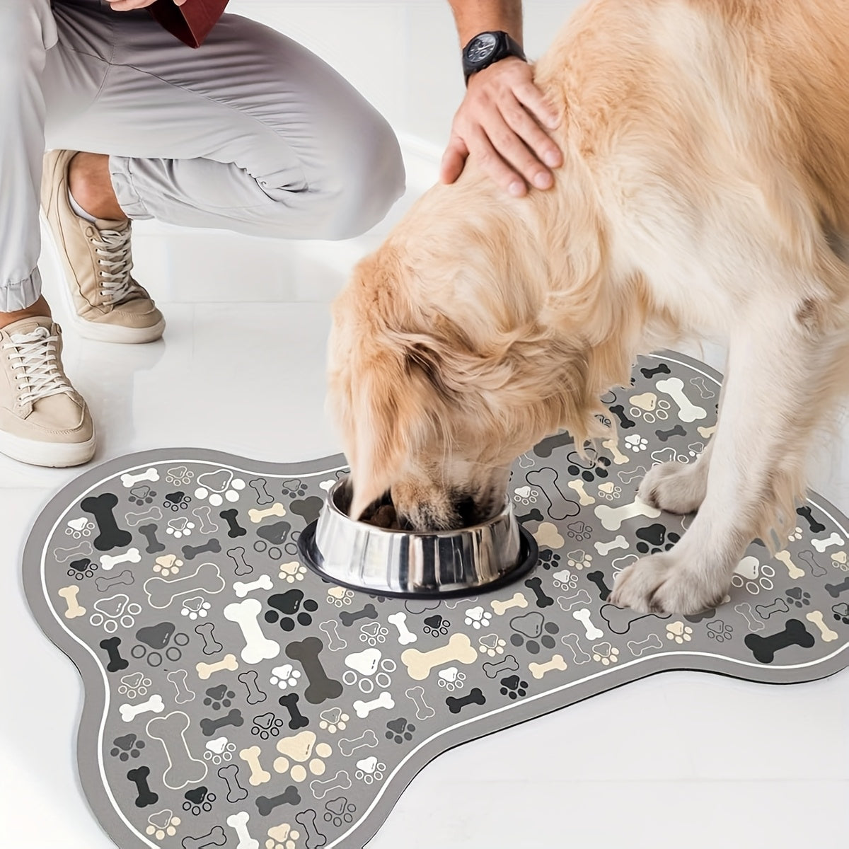 Dog Feeding Mat Non-Slip Quick-Dry Paw Print & Fishbone Design - Durable Polyester Pet Food & Water Bowl Pad for Small to Medium Dogs, Waterproof Easy-Clean Dog Placemat for Kitchen & Floor