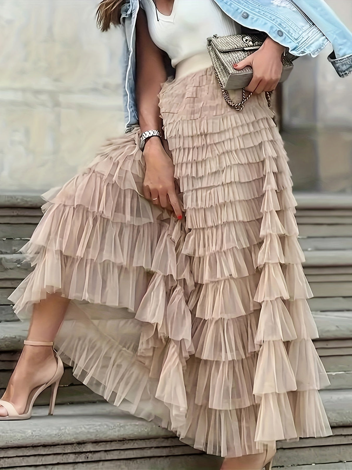 Women's Elegant Mesh Long Cake Skirt – A-Line Flared Hem Contrast Mesh Elastic Waist Maxi Skirt for Fall, Winter & Formal Occasions
