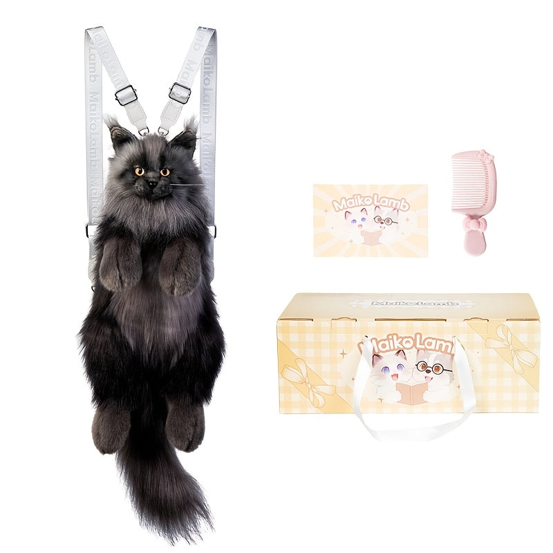 Realistic Black Maine Coon Cat Plush Backpack - Cute Animal-Shaped Handmade Soft Polyester Large Capacity Bag with Gift Box & Comb | Birthday Halloween Christmas Gift for Girls & Cat Lovers