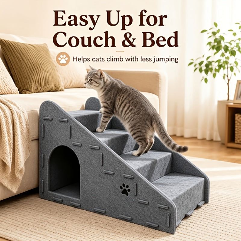 3-in-1 Pet Stairs 4-Step Multifunctional Dog & Cat Ladder - Detachable Felt Ramp with Non-Slip Wide Deep Steps, Converts to Cat Bed & Scratching Board, Durable Sofa Step Stool for Small Medium Dogs