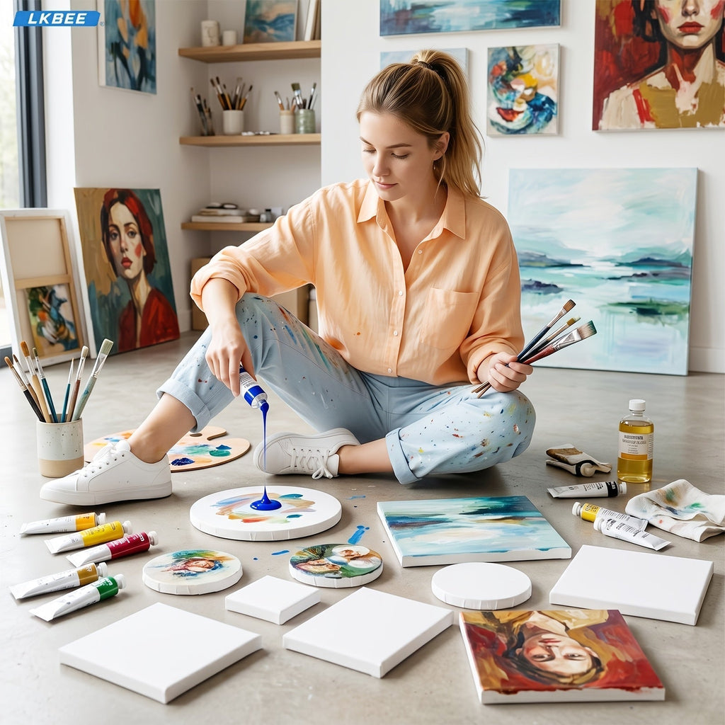 Stretched Canvas Board Set Round & Square Multi-Size Combo – 5 to 20 Piece Packs in 10x10, 11x14, 12x12, 16x16 & More – Ideal for Acrylic Pouring, Wet-on-Wet, Oil Painting & Classroom Teaching