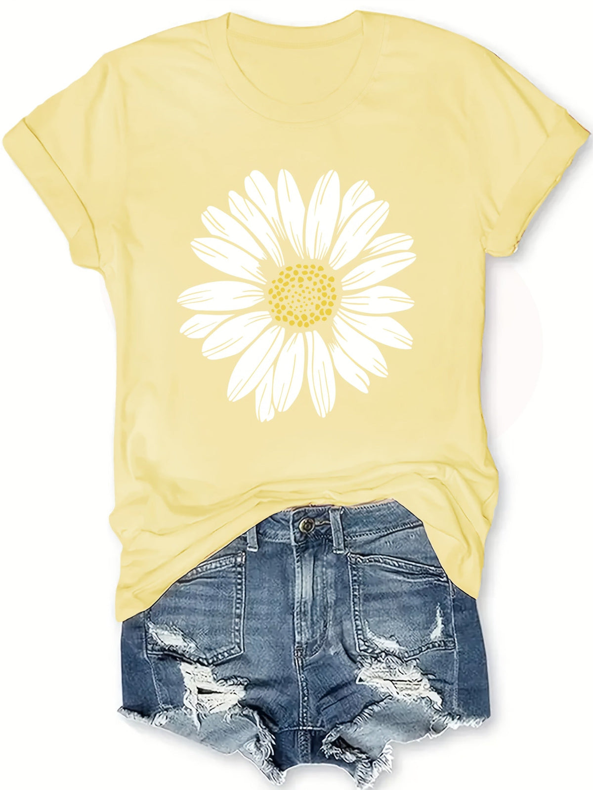 Women's Daisy Flower Print Round Neck T-Shirt | Casual Summer Tops for Women Short Sleeve Tee Shirts Cute Floral Graphic Tshirts S M L XL XXL
