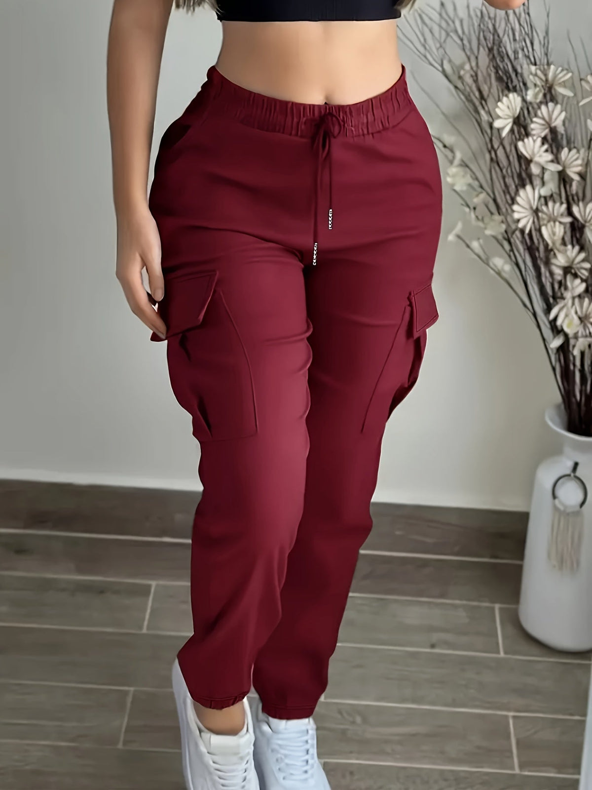 Women's Drawstring Waist Cargo Pants with Pockets - Solid Color Woven Polyester Casual Long Pants for Weekend Outdoor Wear