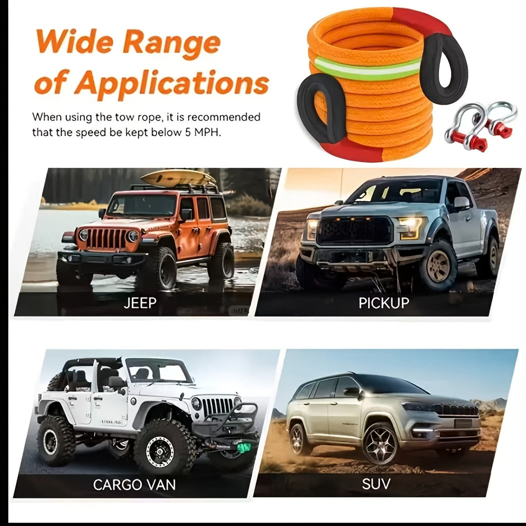 Heavy Duty Tow Rope & Hook Combo Set – 196.85" Nylon Recovery Rope 5/18/20 Ton with 2 Steel U-Hooks & Storage Bag, Off-Road Vehicle Recovery for Truck SUV UTV ATV Jeep, 3 Size Options