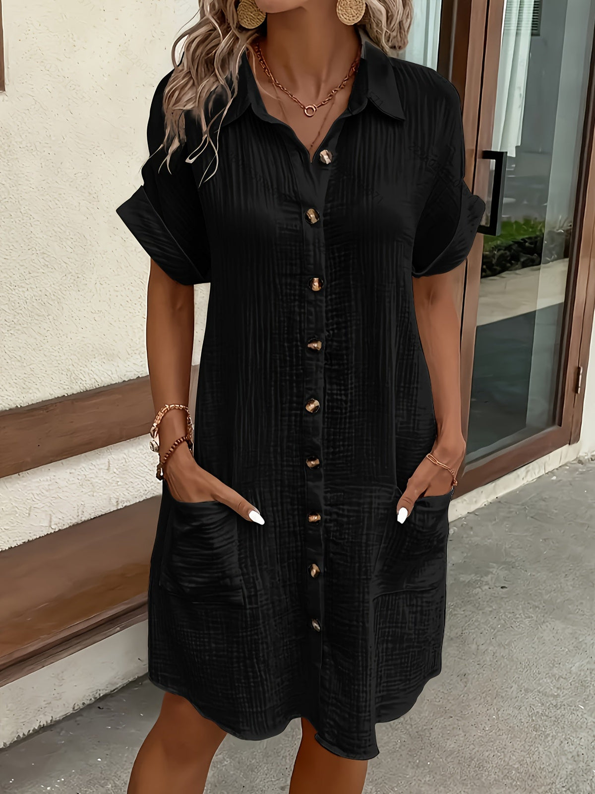 Women's Solid Color Lapel Collar Button-Down Sleeveless Shirt Dress – Breathable Knee-Length Vintage Flutter Sleeve Casual Dress for Spring Summer