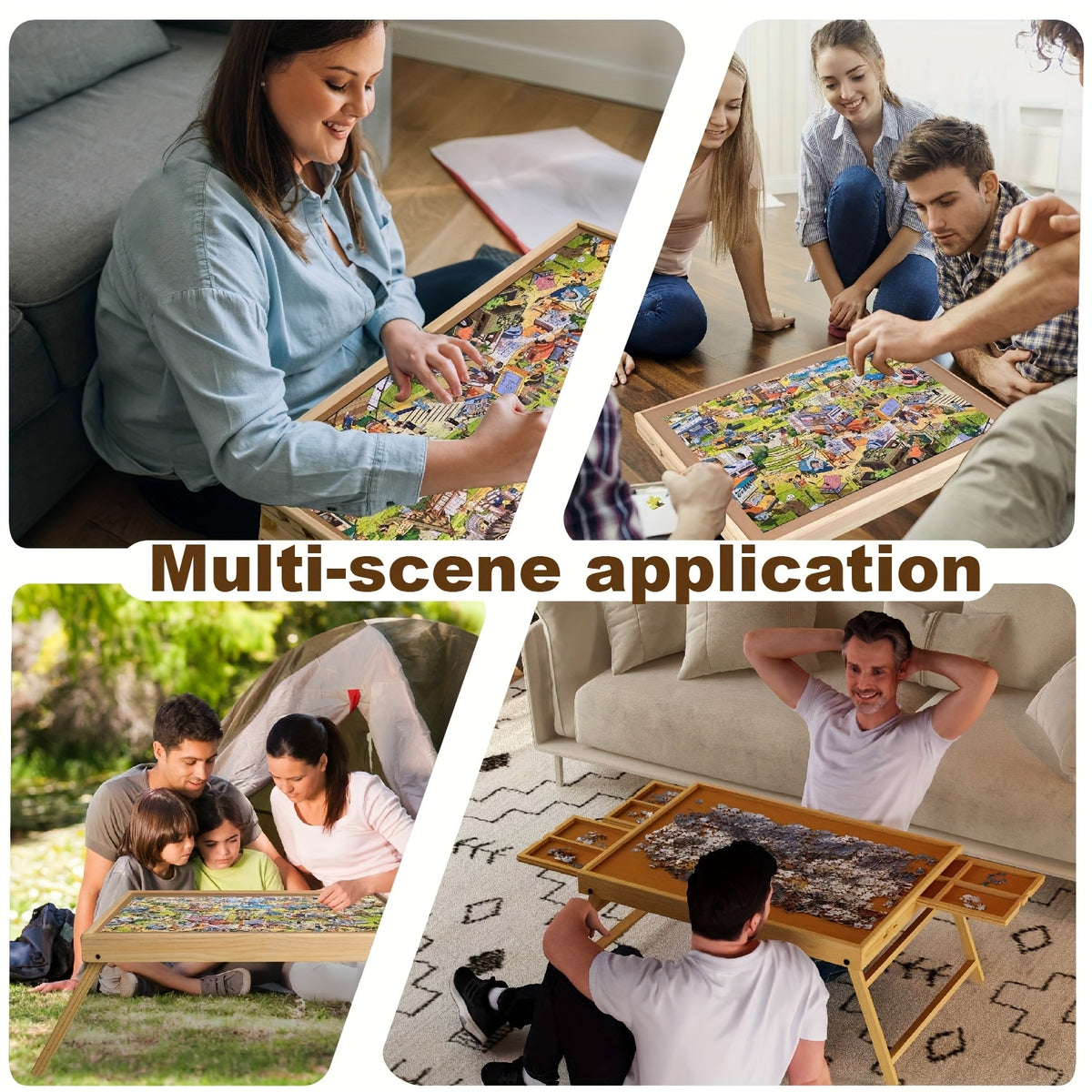 Wooden Jigsaw Puzzle Table with Folding Legs - 4 Drawers & 16 Sorting Grids, Portable Puzzle Board for 1000 Piece Puzzles, Natural Wood Storage & Organization Tray for Adults & Kids, Home & School