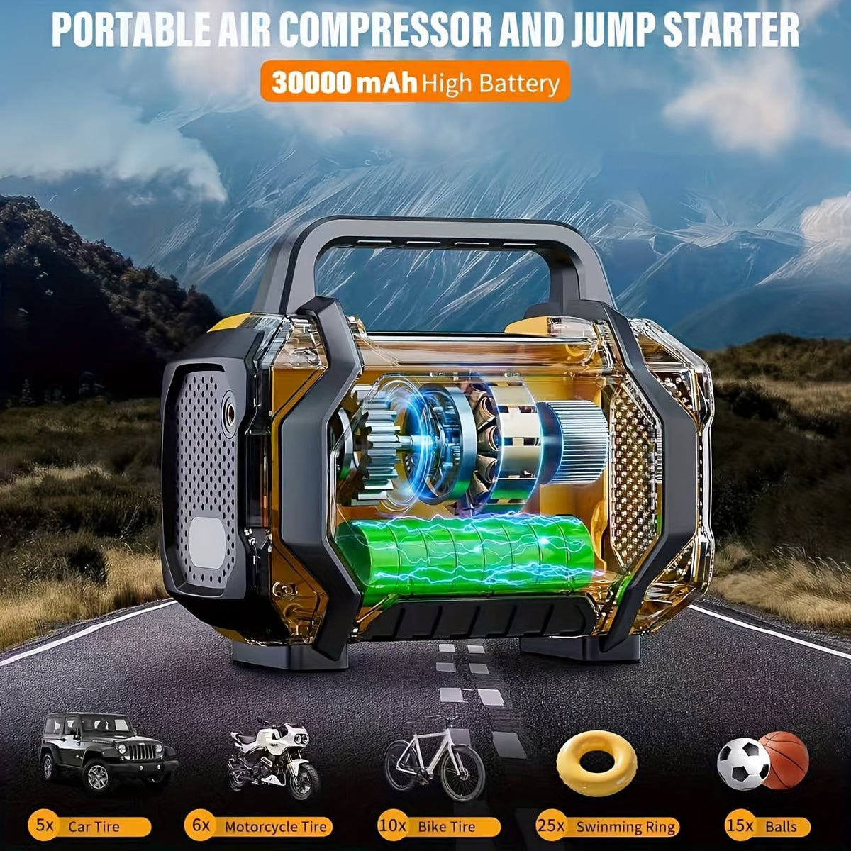 7000A Portable Jump Starter with Air Compressor – 8-in-1 Car Battery Booster, 150PSI Auto-Stop Tire Inflator, Power Bank, LED Emergency Light – Fits Gas up to 9L & Diesel up to 8.5L, 12V Vehicles