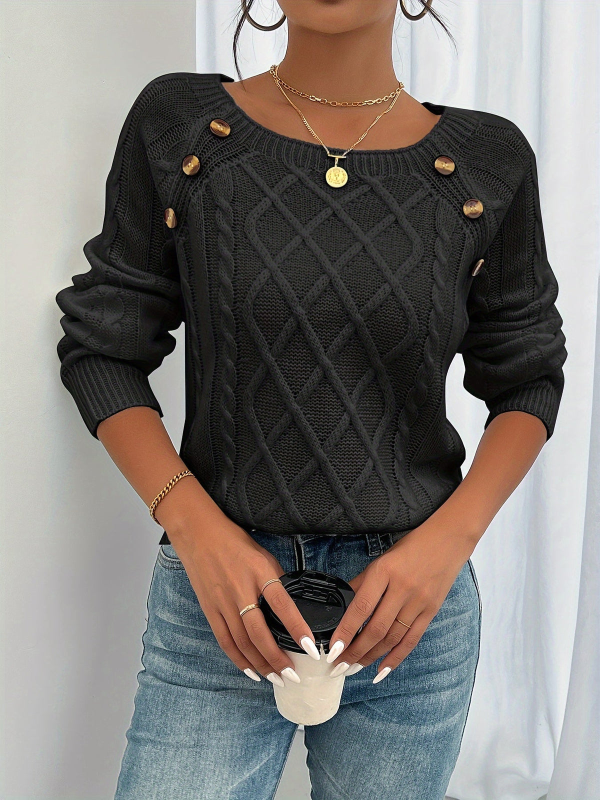 Women's Round Neck Lantern Sleeve Sweater Textured Button Knit Pullover Top for Fall Winter S M L XL XXL Multiple Colors