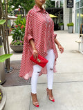 Women's Casual Striped Print Shirt Front Short Back Long Hem Long Sleeve Lapel Blouse 100% Polyester S M L XL XXL Red Black White