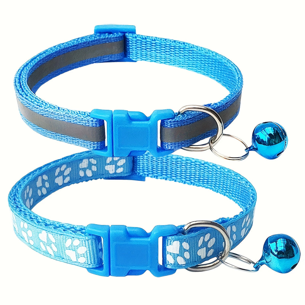 Reflective Pet Collar with Bell 2pcs Set - Adjustable Striped Polyester Cat & Dog Collar with Paw Print Design, Safety Breakaway Buckle, 10 Colors for Small Dogs and Cats, One Size