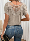 Women's V-Neck Petal Sleeve T-Shirt | Lace Contrast Short Sleeve Summer Top in Khaki Black Green Navy Camel Light Grey S M L XL