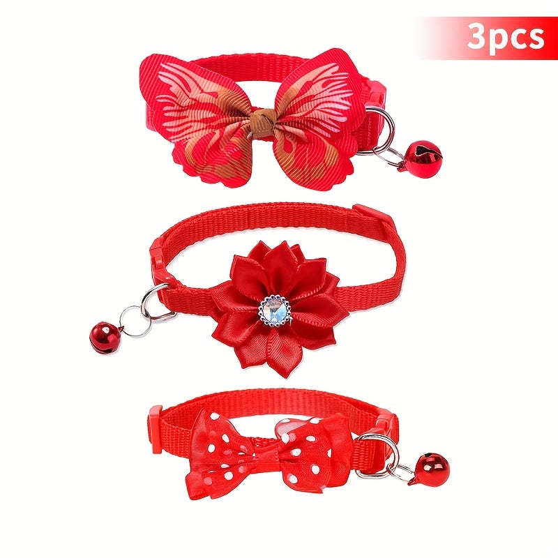 Floral Cat Collars with Bell & Bow Tie 3-Pack - Adjustable Pink & White Polyester Pet Collars for Cats & Small Dogs, Cute Breakaway-Style Kitten Collar Set with Decorative Bell and Bow Knot Accent