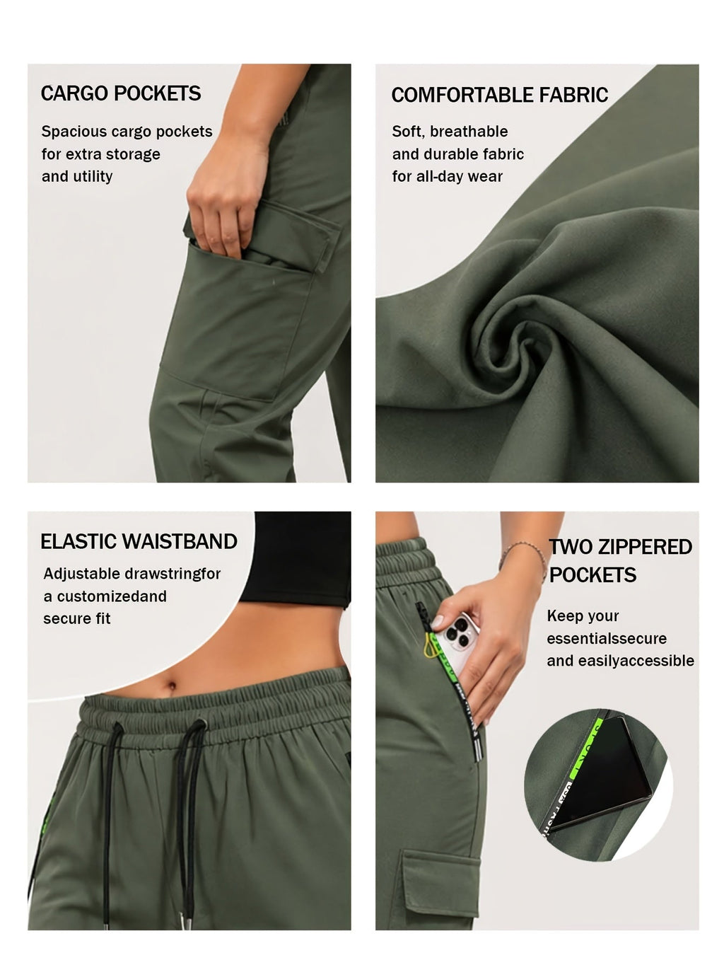 Women's Multi-Pocket Cargo Pants – Neon Green Zipper Accents, Drawstring Waist, Full-Length Outdoor Travel Trousers, 4 Colors, Sizes XS-XXL, Spring Fall Casual Streetwear