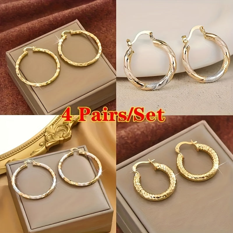 14K Gold Plated Earrings Set 4 Pairs for Women – Hoop Stud and Pendant Mix Durable Circle Earrings for Daily Wear Parties Year-Round Versatile Jewelry Gift