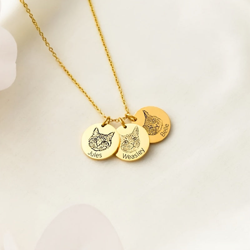 Personalized Pet Photo & Name Necklace - Custom Engraved Stainless Steel Circle Pendant for Pet Lovers, Handmade Dog Cat Memorial Jewelry Gift for Birthday Christmas, Gold & Rose Gold