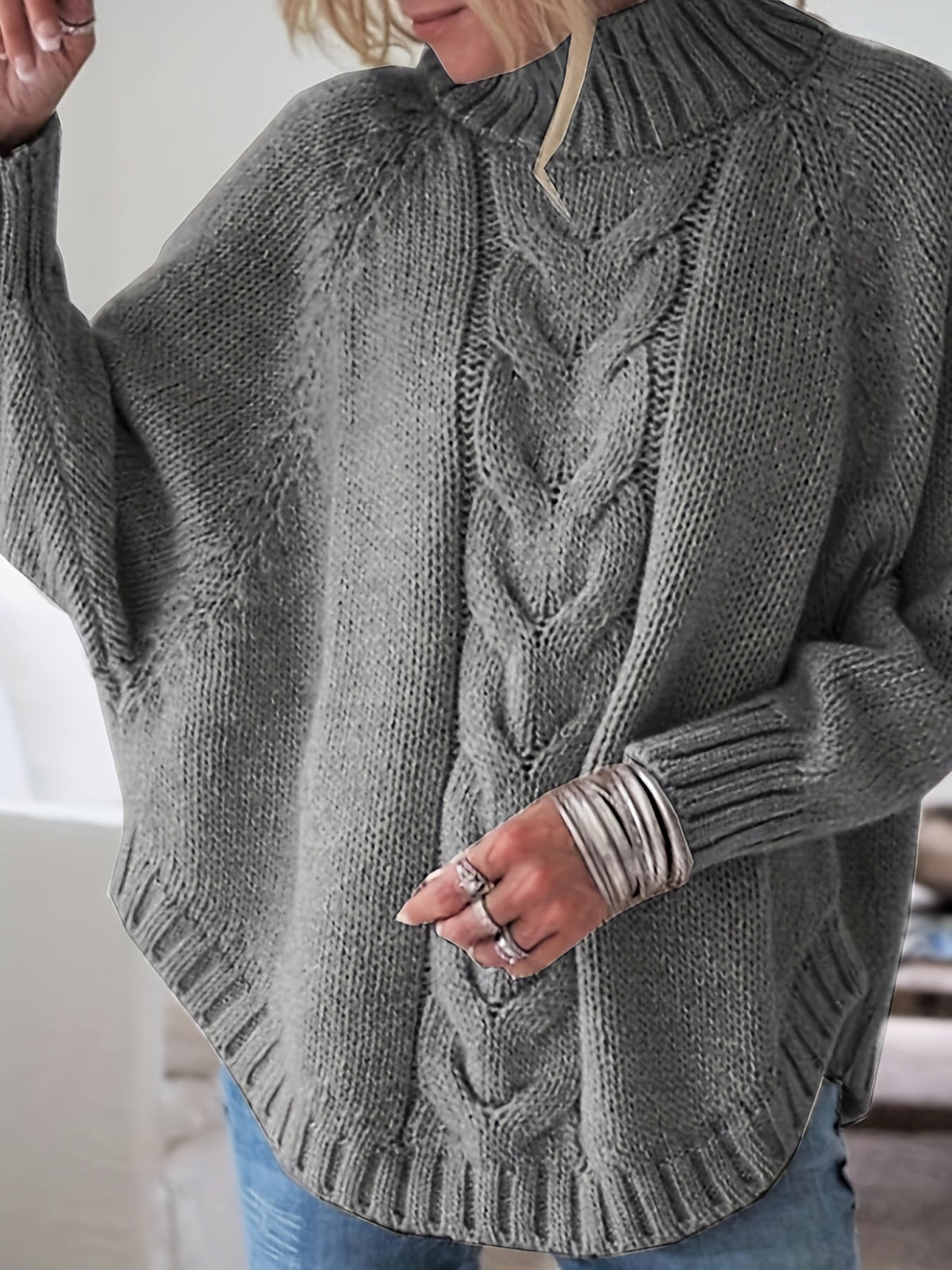 Women's Oversized Cable Knit Turtleneck Sweater Chunky Pullover Loose Fit Flared Hem Cozy Winter Knit Jumper 5 Colors S-XXL