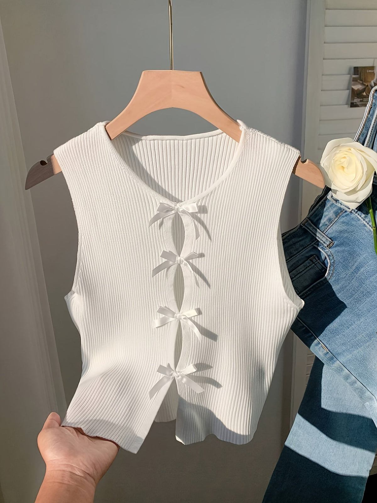 Women's Bow-Tie Striped Crop Vest - Sexy Tight Stretchy Knit Tank Top, 100% Polyester Crew Neck, Y2K Summer Cami Sleeveless Top for Going Out